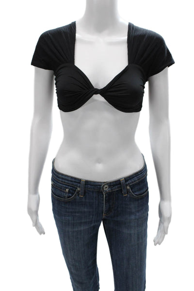 Nonchalant Label Womens Black Cropped Nylon V-Neck Short Sleeve Blouse Size S