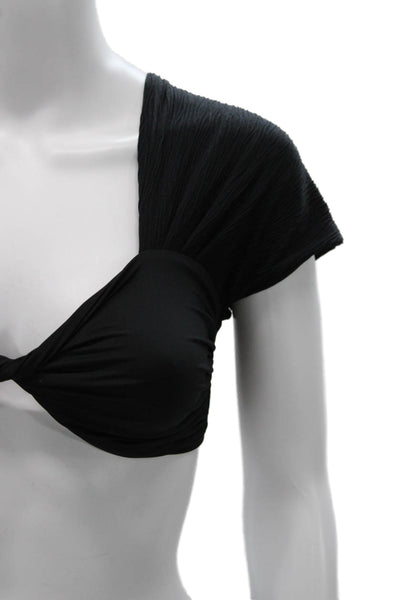 Nonchalant Label Womens Black Cropped Nylon V-Neck Short Sleeve Blouse Size S