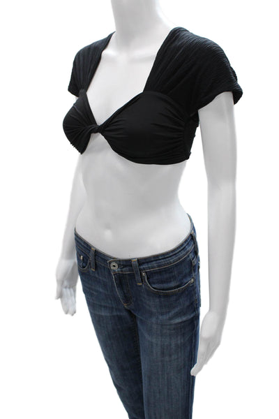 Nonchalant Label Womens Black Cropped Nylon V-Neck Short Sleeve Blouse Size S