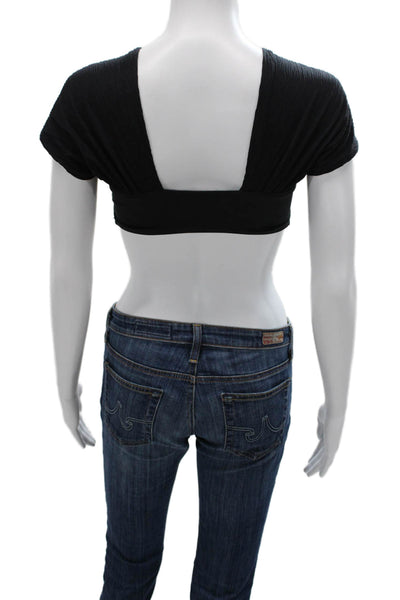 Nonchalant Label Womens Black Cropped Nylon V-Neck Short Sleeve Blouse Size S