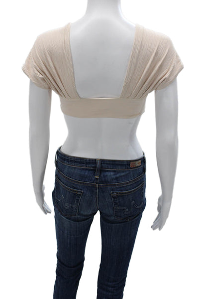 Nonchalant Label Womens Cropped Sweetheart Neckline Nylon Blouse Beige Sz XS