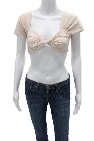 Nonchalant Label Womens Cropped Sweetheart Blouse Beige Short Sleeve Size L