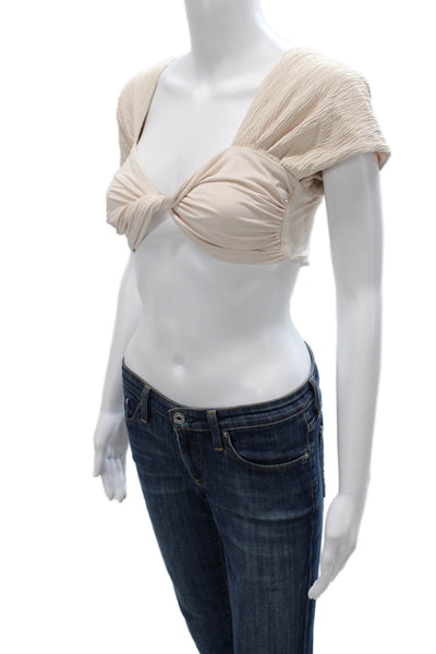 Nonchalant Label Womens Cropped Sweetheart Blouse Beige Short Sleeve Size L