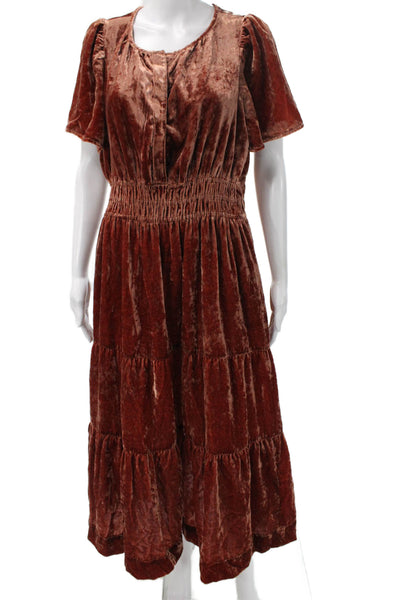 Anthropologie Womens Brown Petite Maxi Dress Short Sleeve Pullover Size L