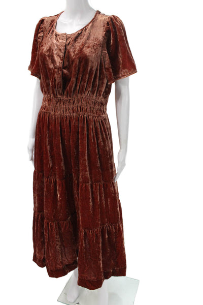 Anthropologie Womens Brown Petite Maxi Dress Short Sleeve Pullover Size L