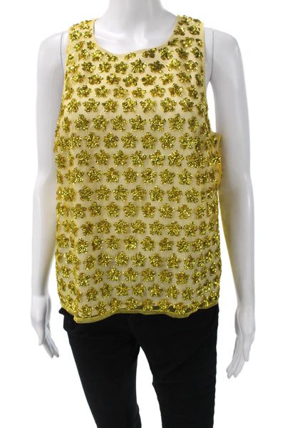J Crew Women Basic Gold Floral Sleeveless Tank Round Neck Polyester Size M