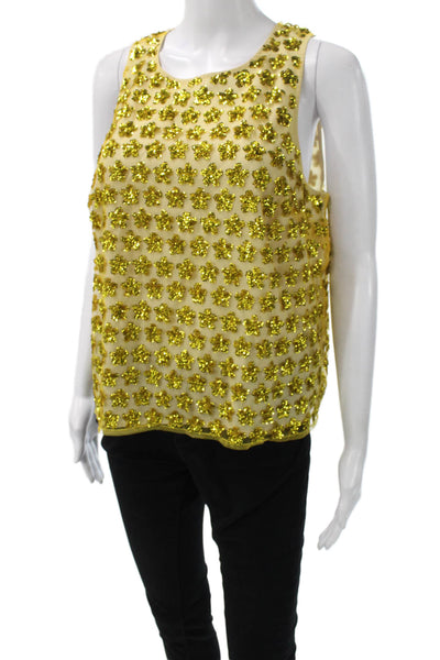 J Crew Women Basic Gold Floral Sleeveless Tank Round Neck Polyester Size M