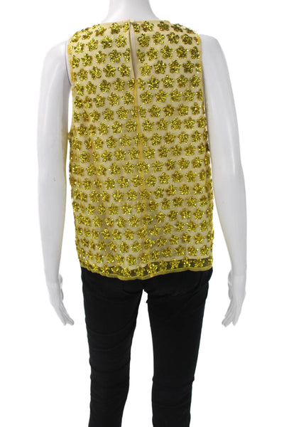 J Crew Women Basic Gold Floral Sleeveless Tank Round Neck Polyester Size M