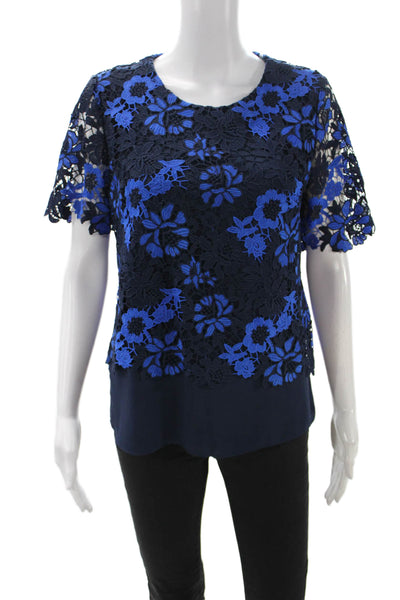 T Tahari Womens Blue Floral Short Sleeve Round Neck Polyester Blouse Zip Size S