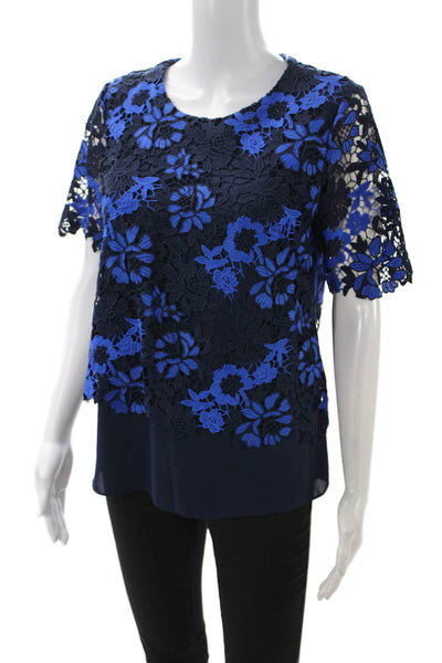 T Tahari Womens Blue Floral Short Sleeve Round Neck Polyester Blouse Zip Size S