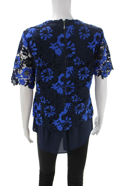 T Tahari Womens Blue Floral Short Sleeve Round Neck Polyester Blouse Zip Size S
