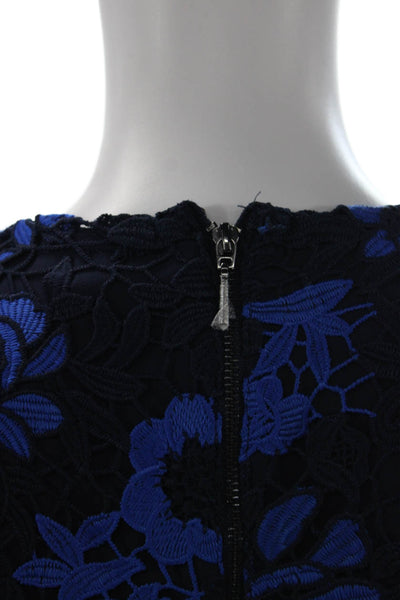 T Tahari Womens Blue Floral Short Sleeve Round Neck Polyester Blouse Zip Size S