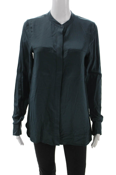 Vince Women Silk Collared Tunic Blouse Green Long Sleeve Button Size 6