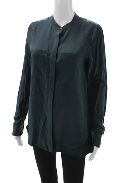 Vince Women Silk Collared Tunic Blouse Green Long Sleeve Button Size 6