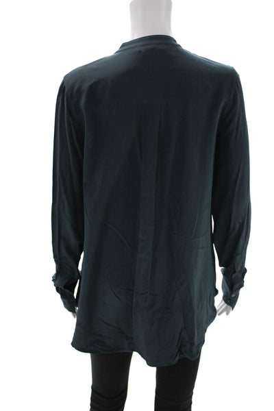 Vince Women Silk Collared Tunic Blouse Green Long Sleeve Button Size 6