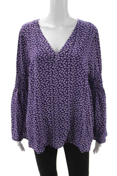 Michael Michael Kors Women Purple Floral V-Neck Long Sleeve Blouse Size L