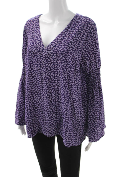 Michael Michael Kors Women Purple Floral V-Neck Long Sleeve Blouse Size L