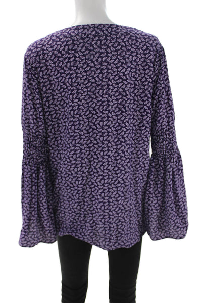 Michael Michael Kors Women Purple Floral V-Neck Long Sleeve Blouse Size L