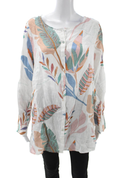 Cynthia Rowley Women Tunic Blouse White Linen Floral Long Sleeve Size 1X