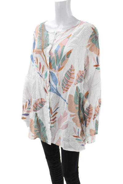 Cynthia Rowley Women Tunic Blouse White Linen Floral Long Sleeve Size 1X