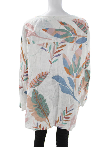 Cynthia Rowley Women Tunic Blouse White Linen Floral Long Sleeve Size 1X