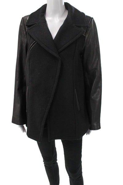 Veda Womens Pea Coat Black Wool Button Long Sleeve Size L