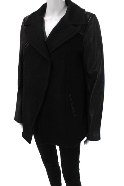 Veda Womens Pea Coat Black Wool Button Long Sleeve Size L