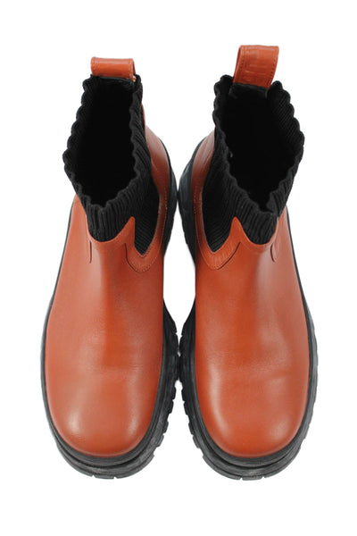Staud Women's Round Toe Leather Pull-On Chelsea Boots Brown Size 37