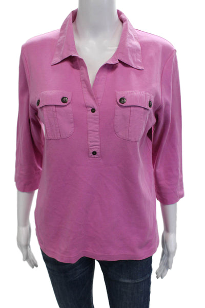 Saint James Women Cotton Collared 3/4 Sleeve Button Solid Pink Polo Size 10