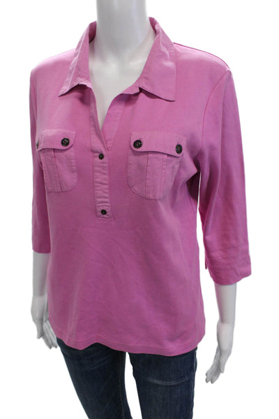 Saint James Women Cotton Collared 3/4 Sleeve Button Solid Pink Polo Size 10