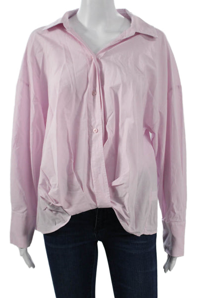 Stateside Women Basic Collared Cotton Button-Up Blouse Long Sleeve Pink Size L