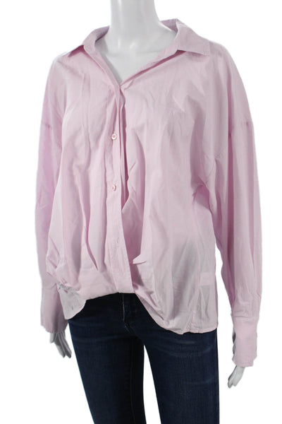 Stateside Women Basic Collared Cotton Button-Up Blouse Long Sleeve Pink Size L