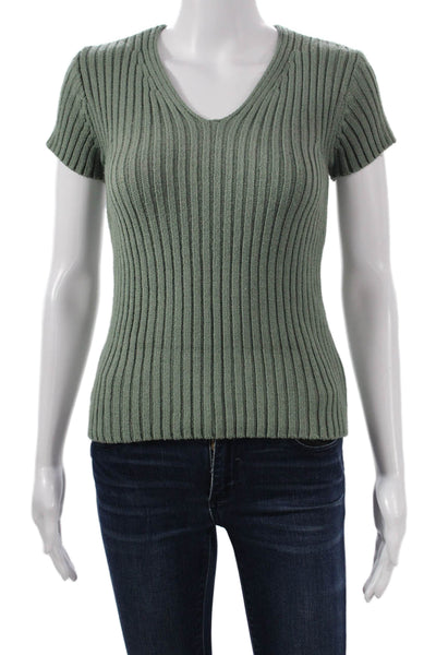 Kenneth Cole Womens Green Striped V-Neck T-Shirt Rayon Short Sleeve Size M