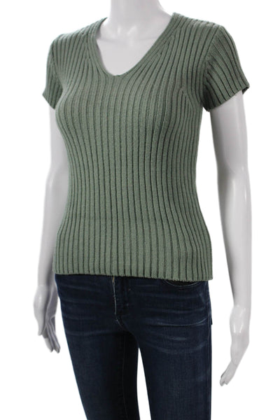 Kenneth Cole Womens Green Striped V-Neck T-Shirt Rayon Short Sleeve Size M
