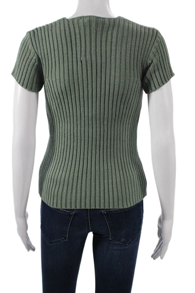 Kenneth Cole Womens Green Striped V-Neck T-Shirt Rayon Short Sleeve Size M