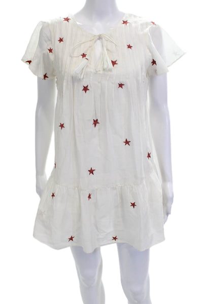 Tularosa Women Shift Dress White Cotton V Neck Short Sleeve Knee Length Size XS