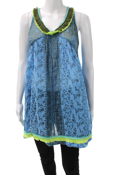 Poupette St. Barth Womens Sleeveless V-Neck Floral Cotton Tunic Blue Size 1