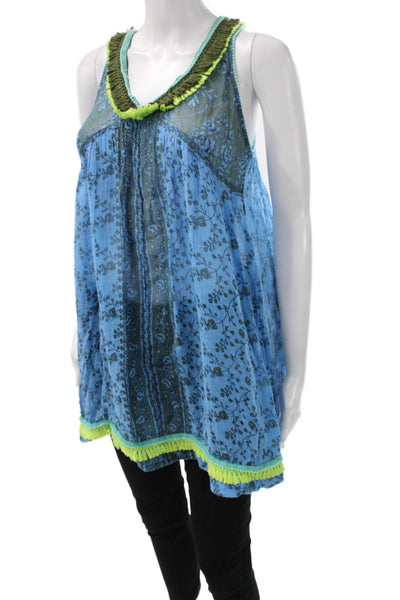 Poupette St. Barth Womens Sleeveless V-Neck Floral Cotton Tunic Blue Size 1