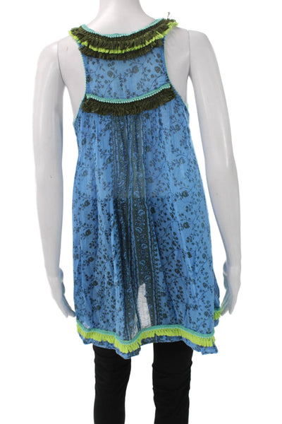 Poupette St. Barth Womens Sleeveless V-Neck Floral Cotton Tunic Blue Size 1