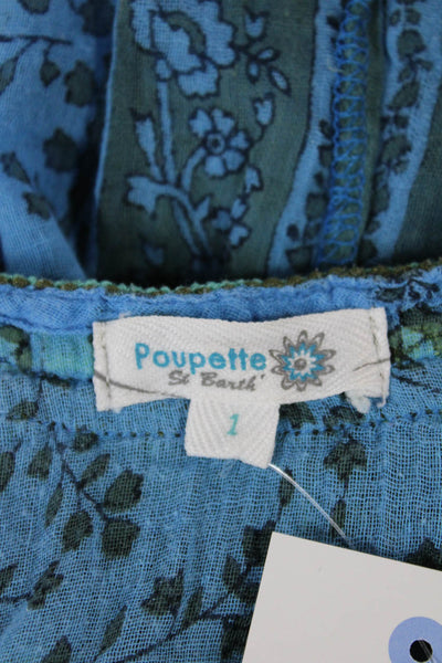 Poupette St. Barth Womens Sleeveless V-Neck Floral Cotton Tunic Blue Size 1