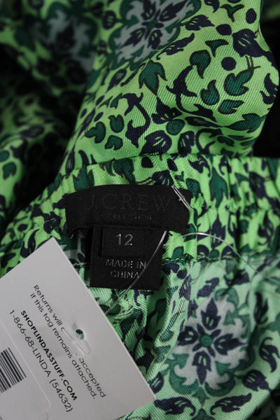 J Crew Women Ankle Pants Green Silk Floral Pull On Size 12