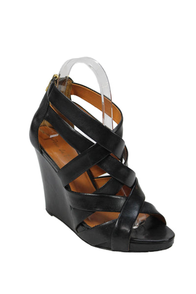Pour la Victoire Womens Back Zip Wedge Heel Strappy Sandals Black Leather 6.5