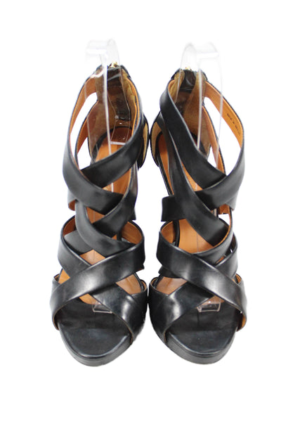Pour la Victoire Womens Back Zip Wedge Heel Strappy Sandals Black Leather 6.5