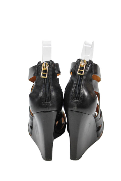 Pour la Victoire Womens Back Zip Wedge Heel Strappy Sandals Black Leather 6.5