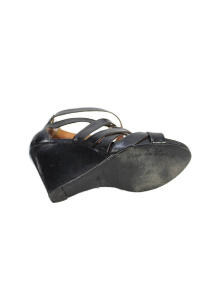 Pour la Victoire Womens Back Zip Wedge Heel Strappy Sandals Black Leather 6.5