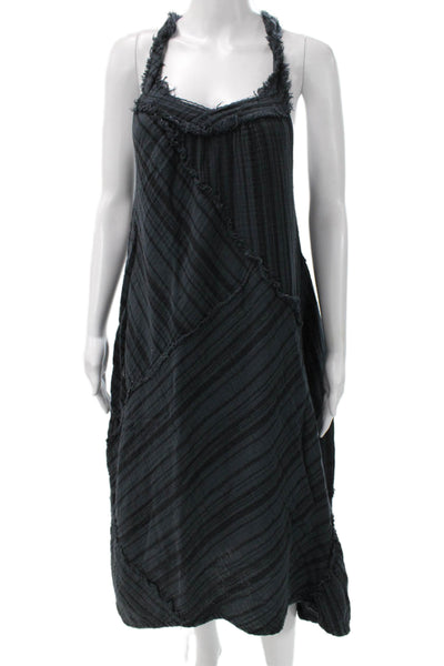 Neve & Hawk Women Blue Striped Halter Maxi Dress Cotton Blend Sleeveless Size S