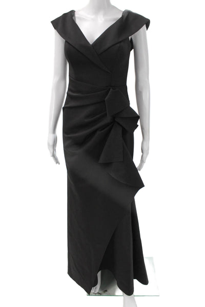Xscape Womens Sheath Dress Black V-Neck Short Sleeve Zip Polyester Long Size 4