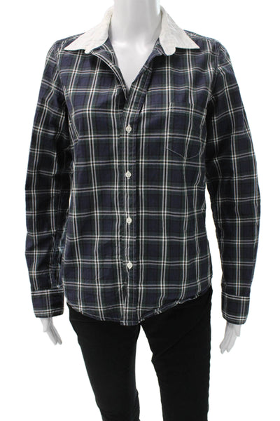 Frank & Eileen Women Plaid 100% Cotton Button-Up Long Sleeve Blue Size S