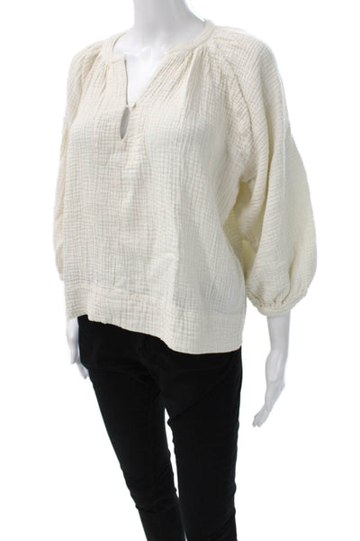 Neve & Hawk Womens Ivory Cotton Blend V-Neck 3/4 Sleeve Blouse Size S