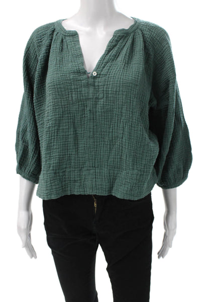 Neve & Hawk Womens V-Neck Cotton Blend 3/4 Sleeve Basic Blouse Green Size M